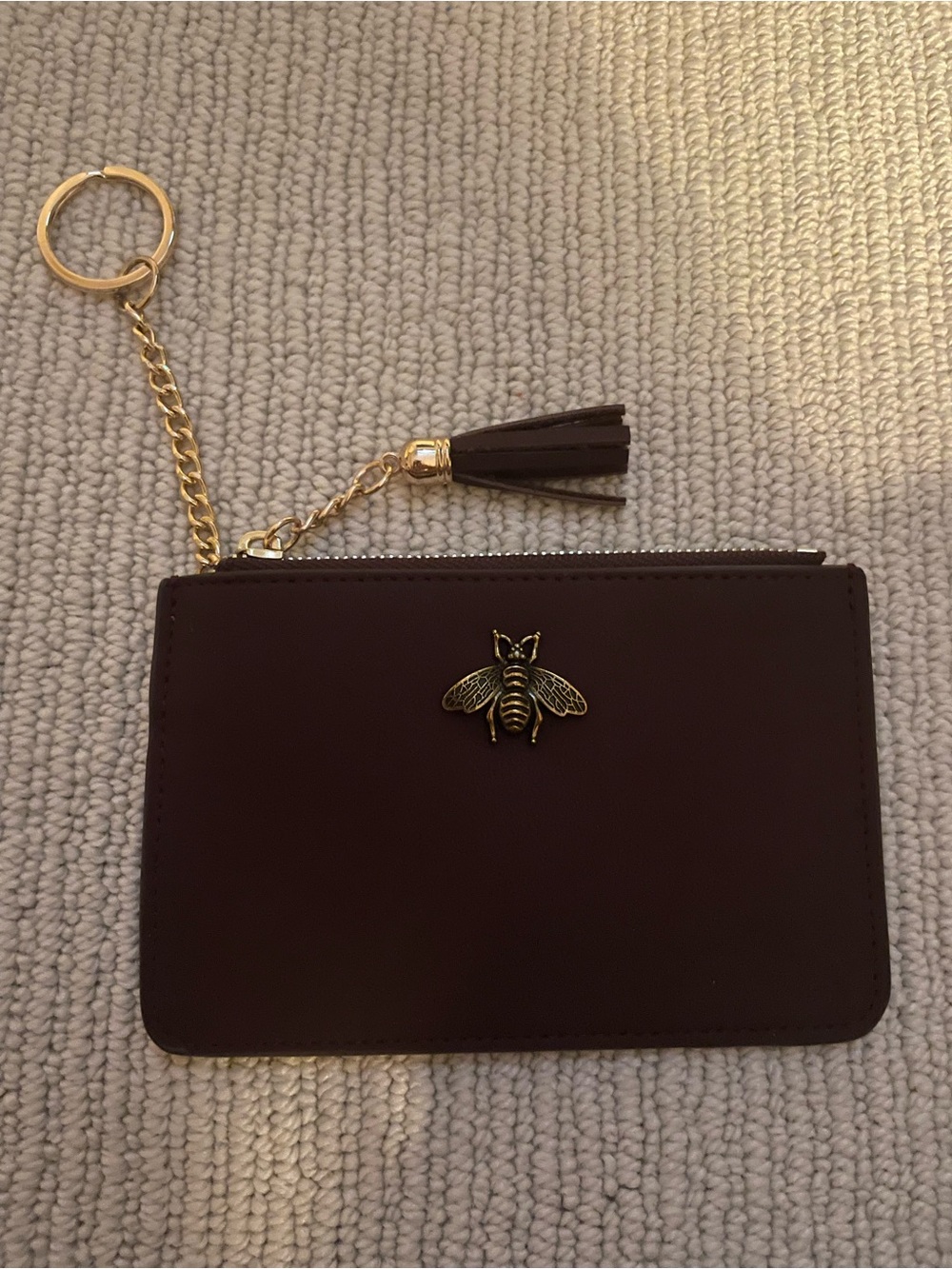 vintage Gold Bee Accent Tassel Zip Card Holder - Dark Brown c51